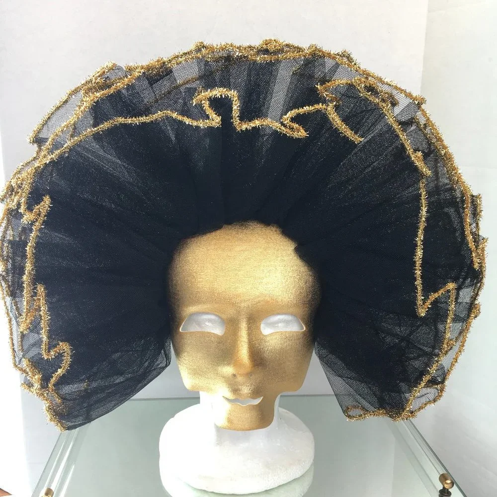 Vintage Venetian Gold Fabric Mask w/ Blk Net Ruffles NOS NWOT